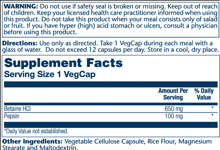 High Potency Betain HCl with Pepsin 650mg - 100 vcaps 2022-10-1029 фото